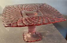 L.E. Smith Glass Cake Stand Pink Trellis 1950’s 9.5” Square 5.5” Tall