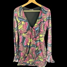 Fashion Nova Butterfly Print Long-Sleeve V-Neck Mini Dress with Flared Cuffs