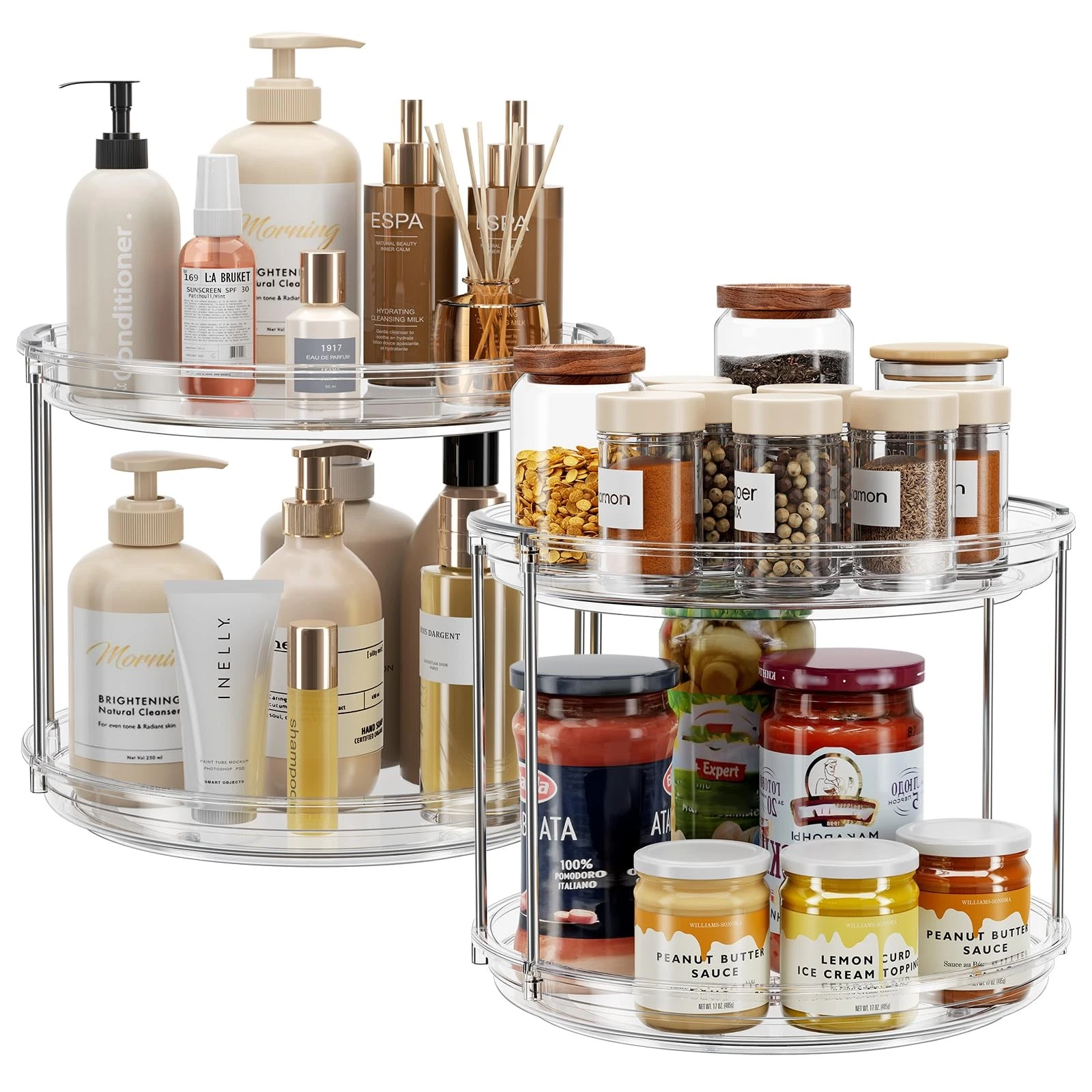 2 Pack 2 Tier Lazy Susan Turntable Organizer 9.25'' Rotating Spice Rack Organ...