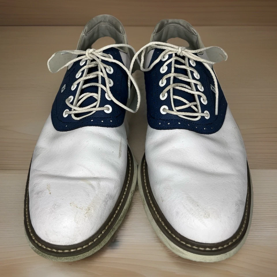 Zapato de golf FootJoy FJ Traditions para hombre 10,5 M 57901 púas de cuero azul blanco Foto 2 de 4
