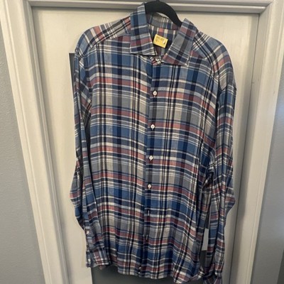 Ermenegildo Zegna Men's XXL Blue/Red/White Plaid Linen Woven Button-Up Shirt