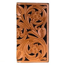 WF HILASON Western Hand-Tooled Natural Leather Floral Bifold Wallet Black