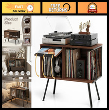 Stylish Record Player Stand with Flip-Down Shelf, Walnut Finish, Vinyl Storage