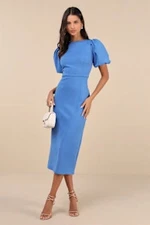 Lulus Simply Beloved Puff Sleeve Bodycon Midi Dress Blue Basic Sleeved Medium