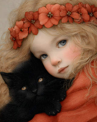 8x10 Cozy Storybook Black Cat Art Print Classic Illustration - 678002096