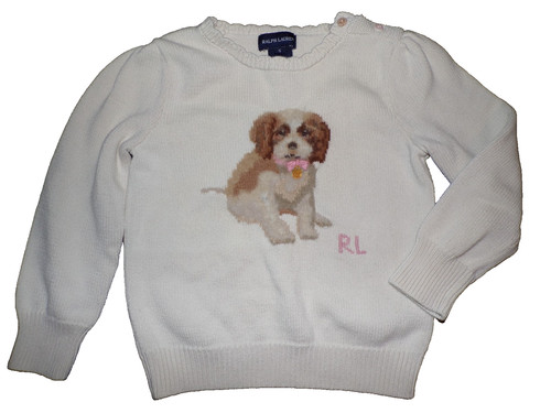 Ralph Lauren GIRL'S vintage puppy dog sweater cream pink RL ribbon bow Size 5
