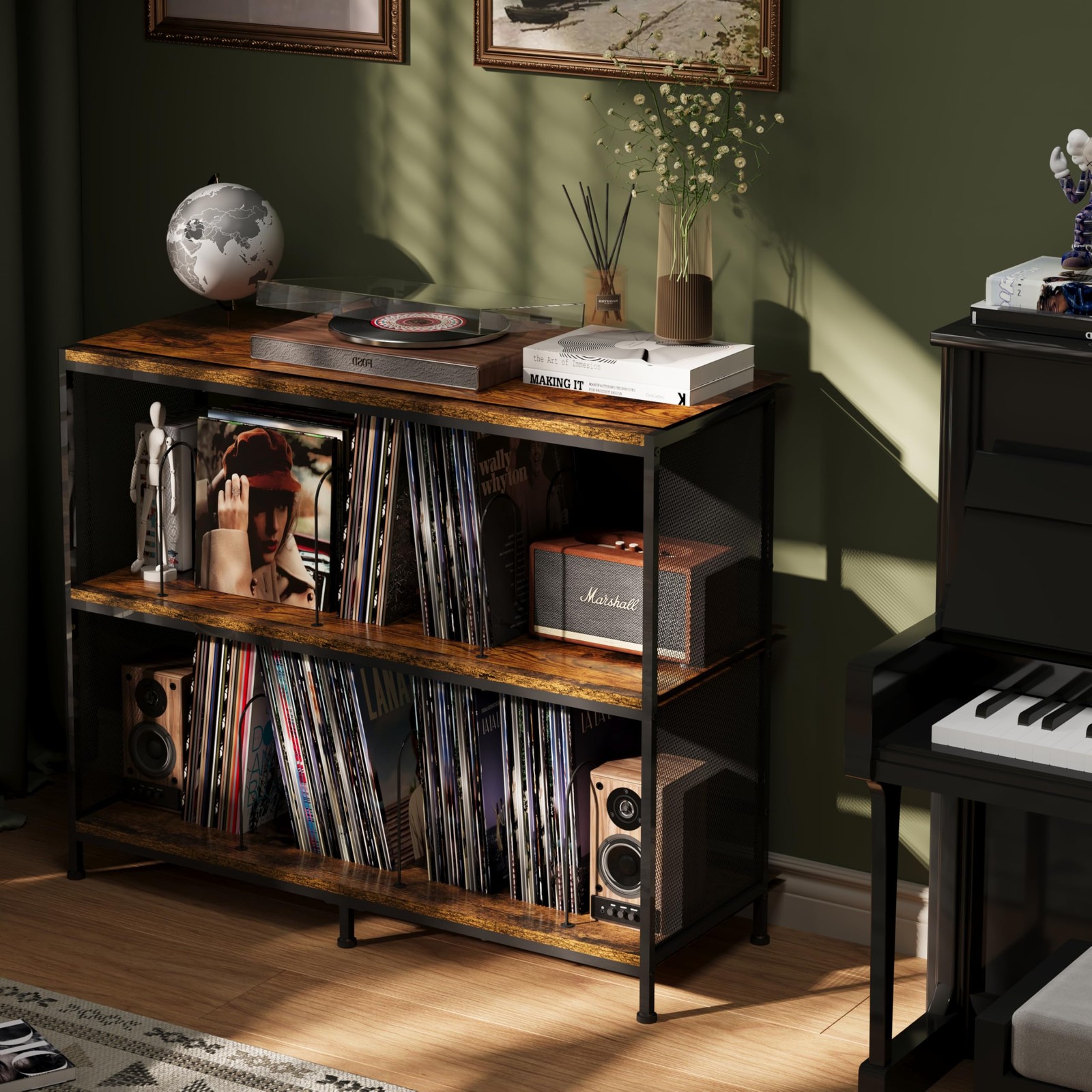 Vintage Player Table W Spacious 3 Tier Vinyl Record Storage, Up to 450 Records