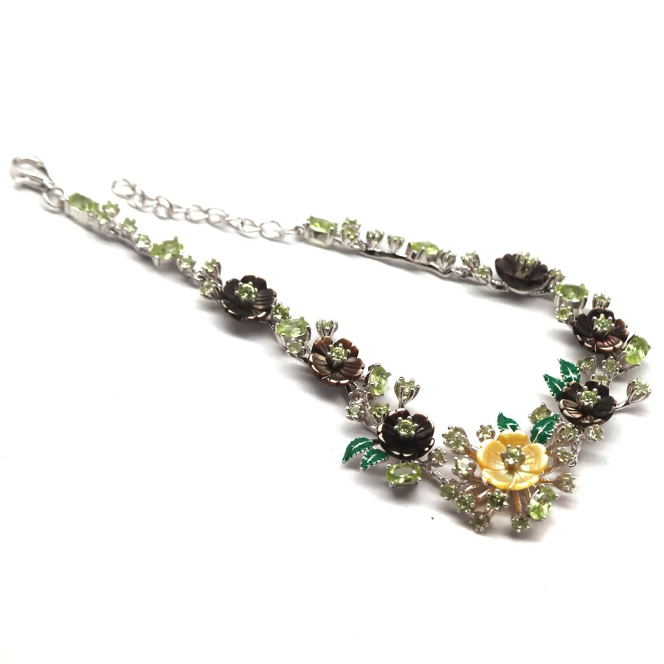 925 Sterling Silver Yellow - Black Mother Of Pearl & Peridot Bracelet 8.25 - Image 2 of 4