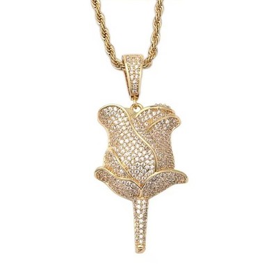 Iced Rose Pendant - Stylish Chain and Flower Charm - Fashion Jewelry for Women