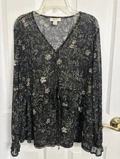 Sheer Black Floral Long Sleeve Tiered Top Size Small Dark Fairy Romantic