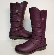 MOSHULU "SHERRY" DARK MAUVE LEATHER RUCHED CALF LENGTH BIKER BOOTS UK 4 EU37