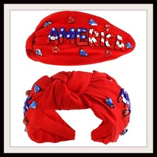 Patriotic Headband Wide Red White Blue Beaded AMERICA 4th July