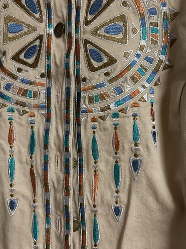 Giacca artistica indossabile Bob Mackie taglia Lge ricamo kaki nativi americani occidentali - Foto 4 di 11