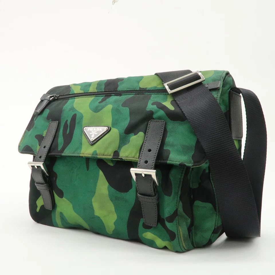 Authentic PRADA Logo Nylon Leather Camouflage Shoulder Bag Green Black Used F/S - Image 3 of 4