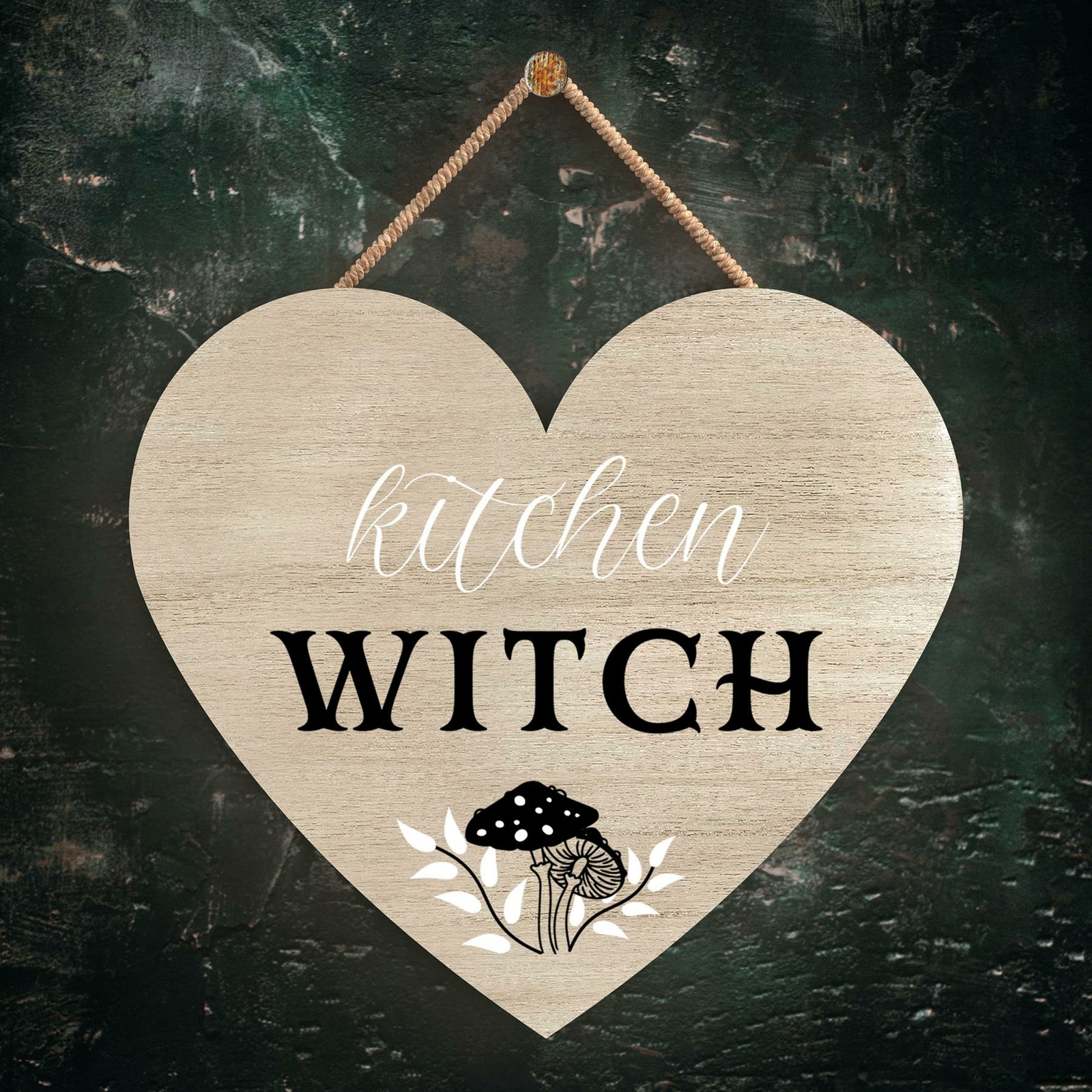 KITCHEN WITCH MUSHROOM HEART SHAPED WITCHCRAFT THEMED HALLOWEEN WOODEN PLAQUE