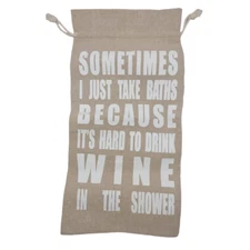 Wine bottle gift bag beige white fabric reusable funny saying w/ drawstring