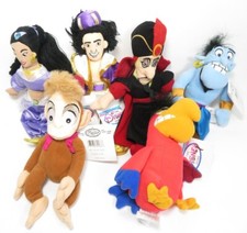 Set 6 VTG ALADDIN Jafar, Genie, Jasmine, Lago Disney Store 9" Plush, Bean NWT