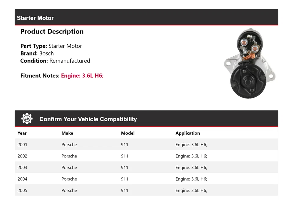 Стартер (восстановленный) для 2001-2005 Porsche 911 3,6 л H6 Bosch 2002 2003 2004 - Изображение 2 из 4