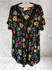 Natori Neiman Marcus VTG Blk Floral Printed Lace Inset Kaftan Night Shirt MED