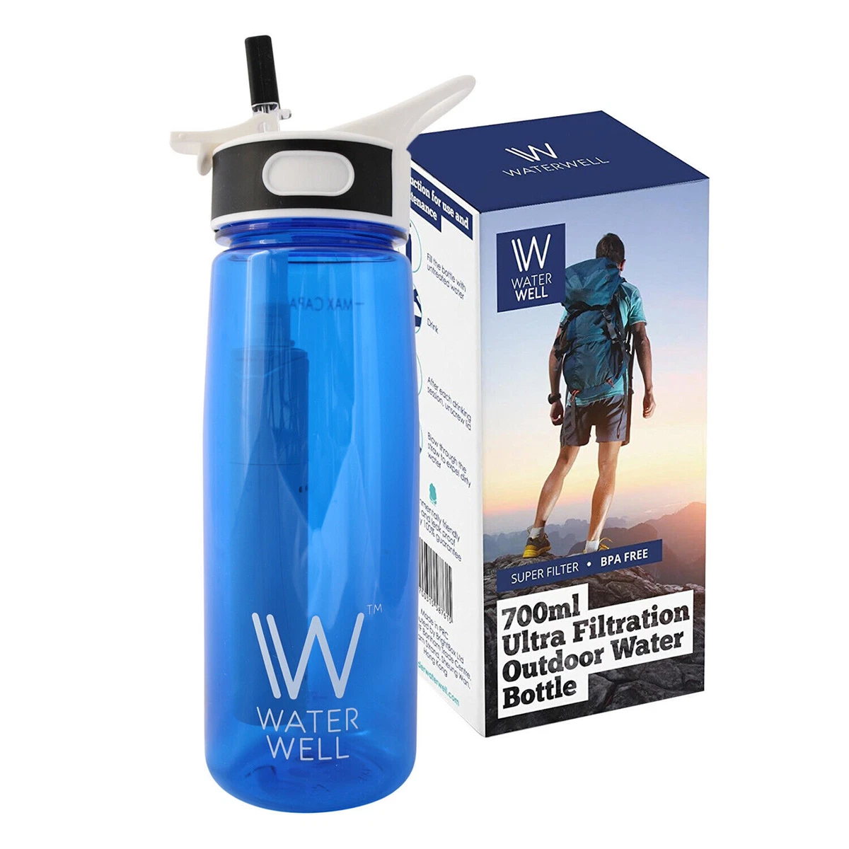 WaterWell 2 Stage Filter Water Bottle for Travel, Hiking, Camping and  Survival