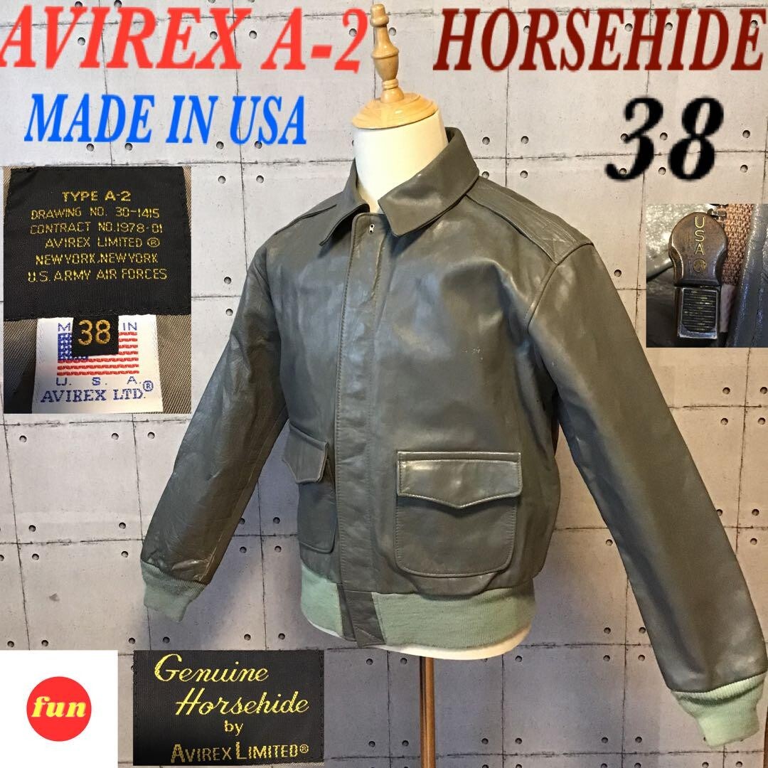 Made in USA AVIREX A-2 Flight Jacket 38 Gray Horsehide Leather 