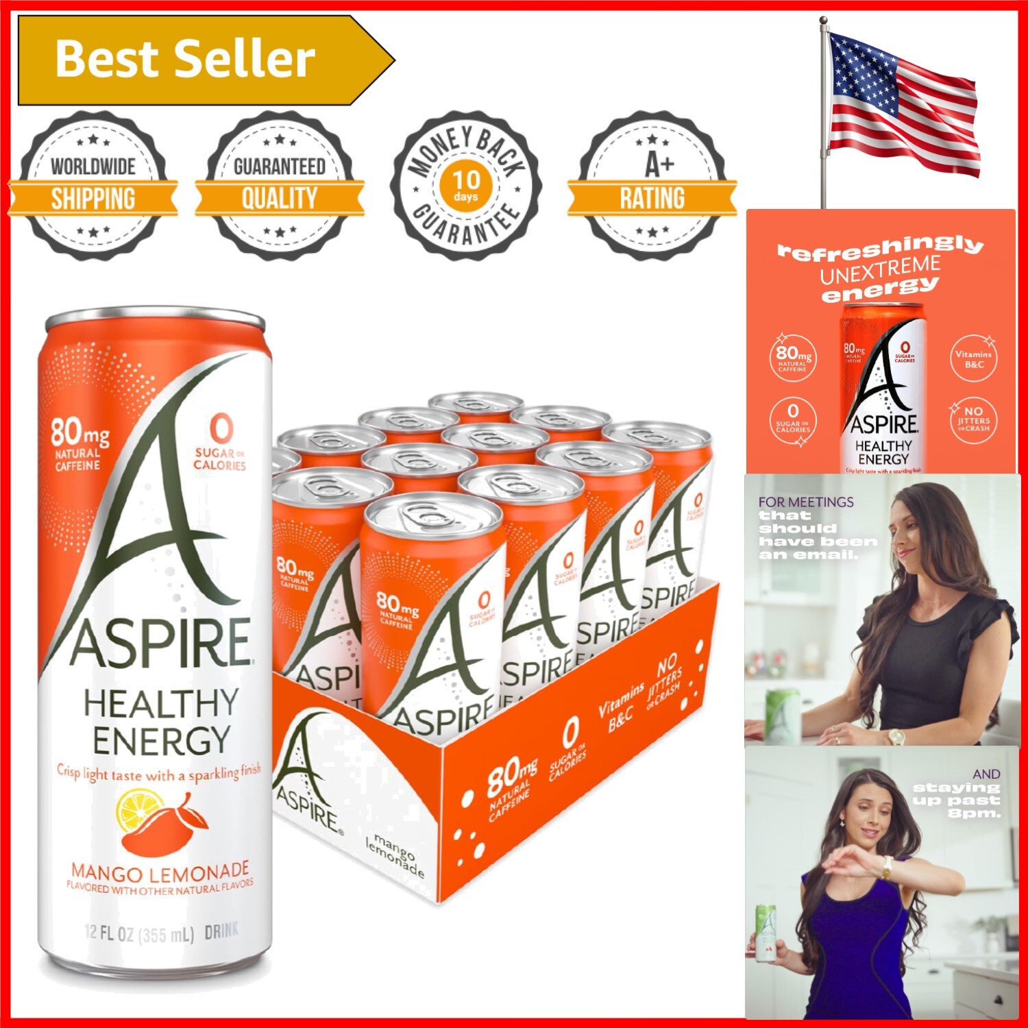 Vegan Mango Lemonade: Zero-Calorie Energy Drink with Clean Ingredients, 12 Pack