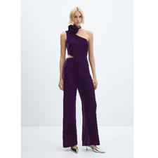 Mango MNG 130 Velvet One-Shoulder Jumpsuit Purple Flower Wide Leg NWT Size XXL