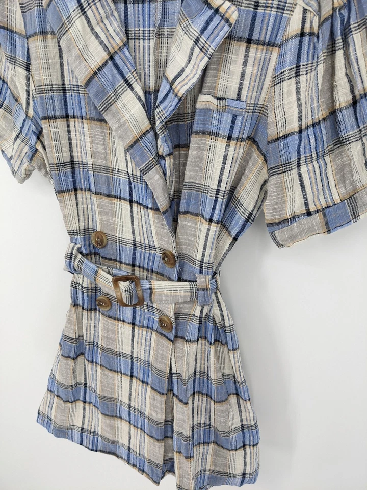JOA Mameluco Mujer Mediano Cuadros Azul Cinturón Mezcla de Lino Manga Abullonada Pantalones Cortos Foto 2 de 4