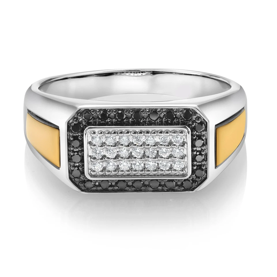 Prata esterlina 925 masculina e ouro amarelo 10K diamante preto e branco cultivado em laboratório - Imagem 3 de 4