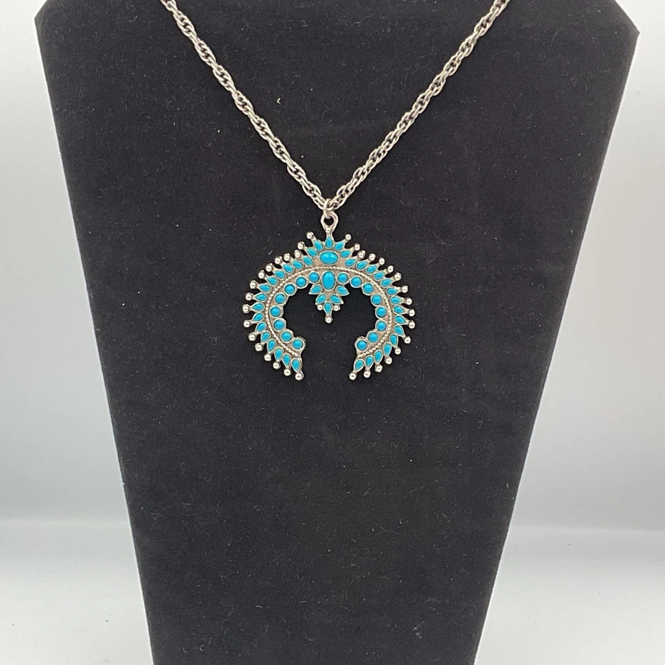 Turquoise Squash Blossom Necklace Sterling Silver Tone Southwestern Boho - Image 2 of 4