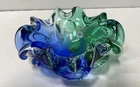 Murano Art Glass Ruffled Bowl Blue Green Sommerso Italian Vintage 8 Inch