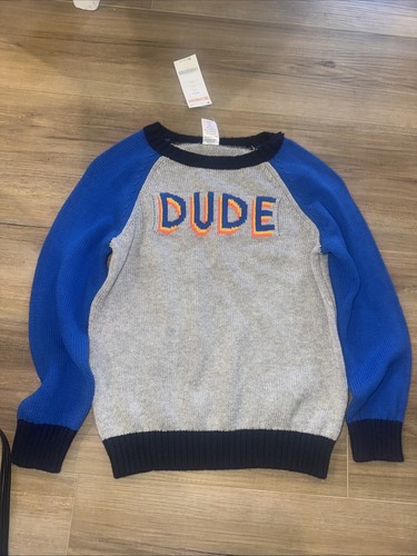NWT $34 Gymboree Boys 100% Cotton Pullover Gray Blue DUDE Sweater, Small 5/6 - Picture 2 of 10