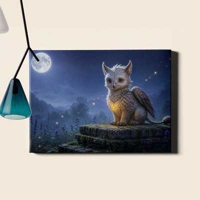 Baby griffin in moonlit meadow fantasy Wall Art mythical creature