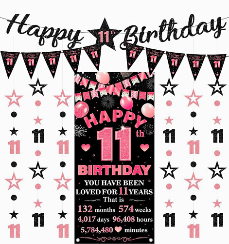 11th Birthday Party Decorations Set Pink/Black/White Backdrop, Swirls & Stars