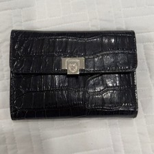 Vintage Liz Claiborne Black Croc Embossed Trifold Wallet Silver Crest Clasp