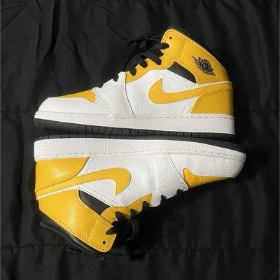 Jordan Air Jordan 1 Mid Yellow White Black Men's Leather Athletic Sneaker