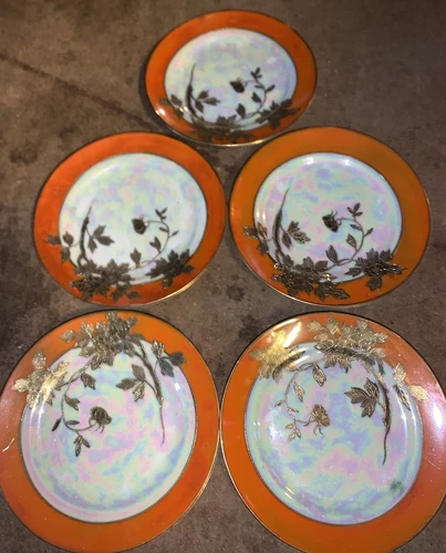 Set Of 5 Vintage Nippon Hand Painted Lusterware Gold Enameled Plates