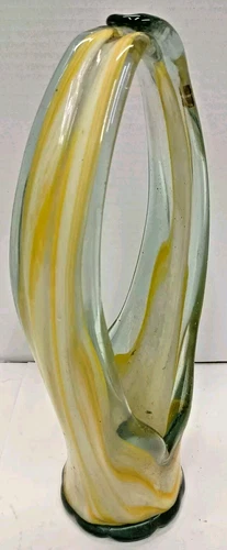 Vtg Handblown Stretch Art Glass Basket Vase Orange White Swirl 12” Murano MCM