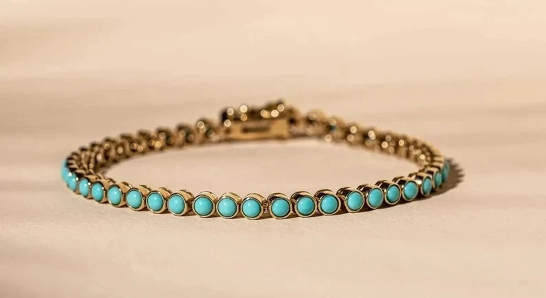 3 Ct Prong Tennis Lab Created Turquoise Bracelet 14K Yellow Gold Over Wedding - Image 3 of 4