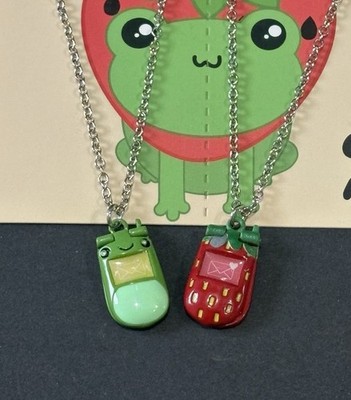 Green Frog & Red Strawberry Flip Phones Best Friend Necklace Set Moshi Moshi NEW