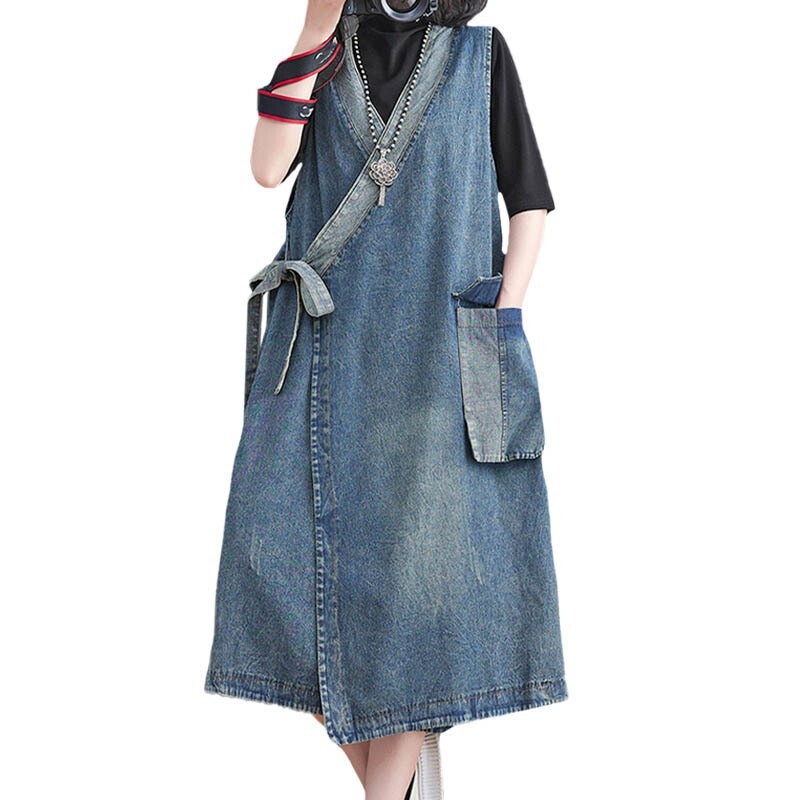 Ladies Fashion Vintage Denim Long Tank Dresses Luxury Elegant Sleeveles  Vestidos