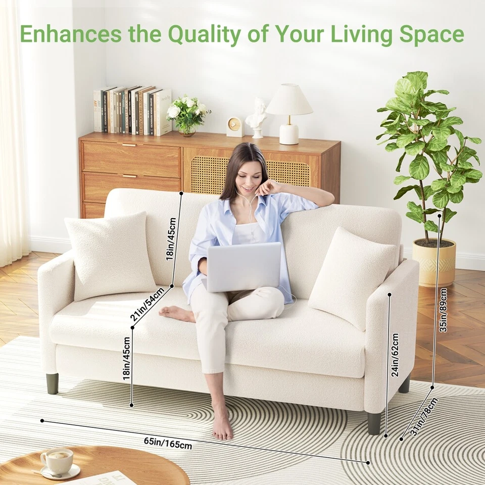 2-Sitzer Sofas Teddy Fleece Sofa Modern Couch Bequeme 2er Sitzsofa mit 2 Kissen - Bild 3 von 4