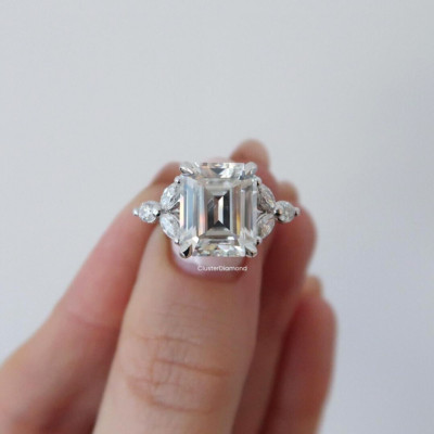 Solid 925 Silver 4CT Emerald Cut Moissanite Marquise Cluster Engagement Ring