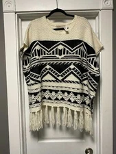 NWT $68 Ethereal By Paper Crane Poncho Sweater, Small, Black/white Buckle Wool