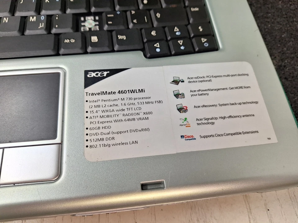 💻 Acer TravelMate 4601WLMI – M730 1.6GHz – QWERTZ – Pour pièces / HS - Photo 3/4