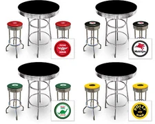 VINTAGE GAS GARAGE AUTO SHOP THEMED BLACK BAR TABLE & CHROME STOOLS W/DECALS SET