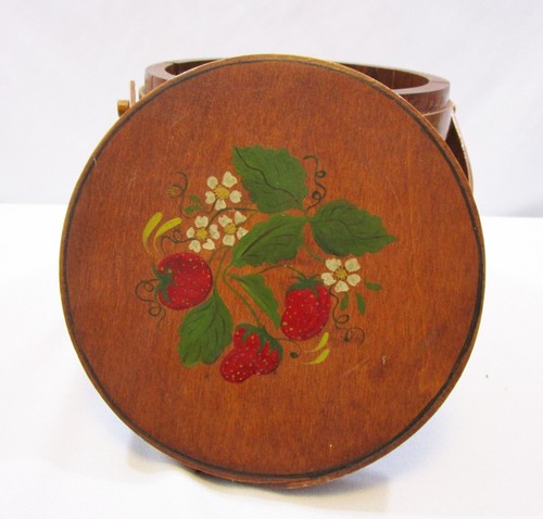 Vintage Wooden Firkin Original Lid & Handle Hand Painted Strawberry Folk Art - Picture 9 of 10