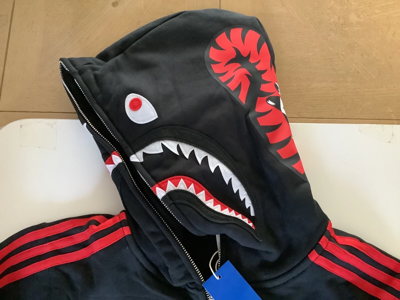 A BATHING APE (BAPE) Autentica felpa con cappuccio full zip a bathing ape bape x adidas shark US S JP M nera nuova