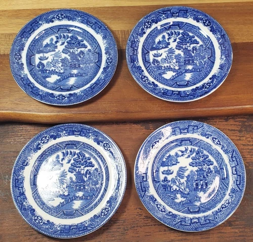 Vintage Allerton's Willow Flow Blue Saucers Set of 4, Made In England
