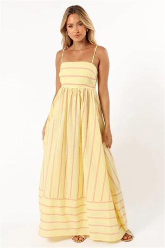 Women's Casual Basic Spaghetti Strap Maxi Dress Sleeveless Summer Strips Dresses - Picture 14 of 31